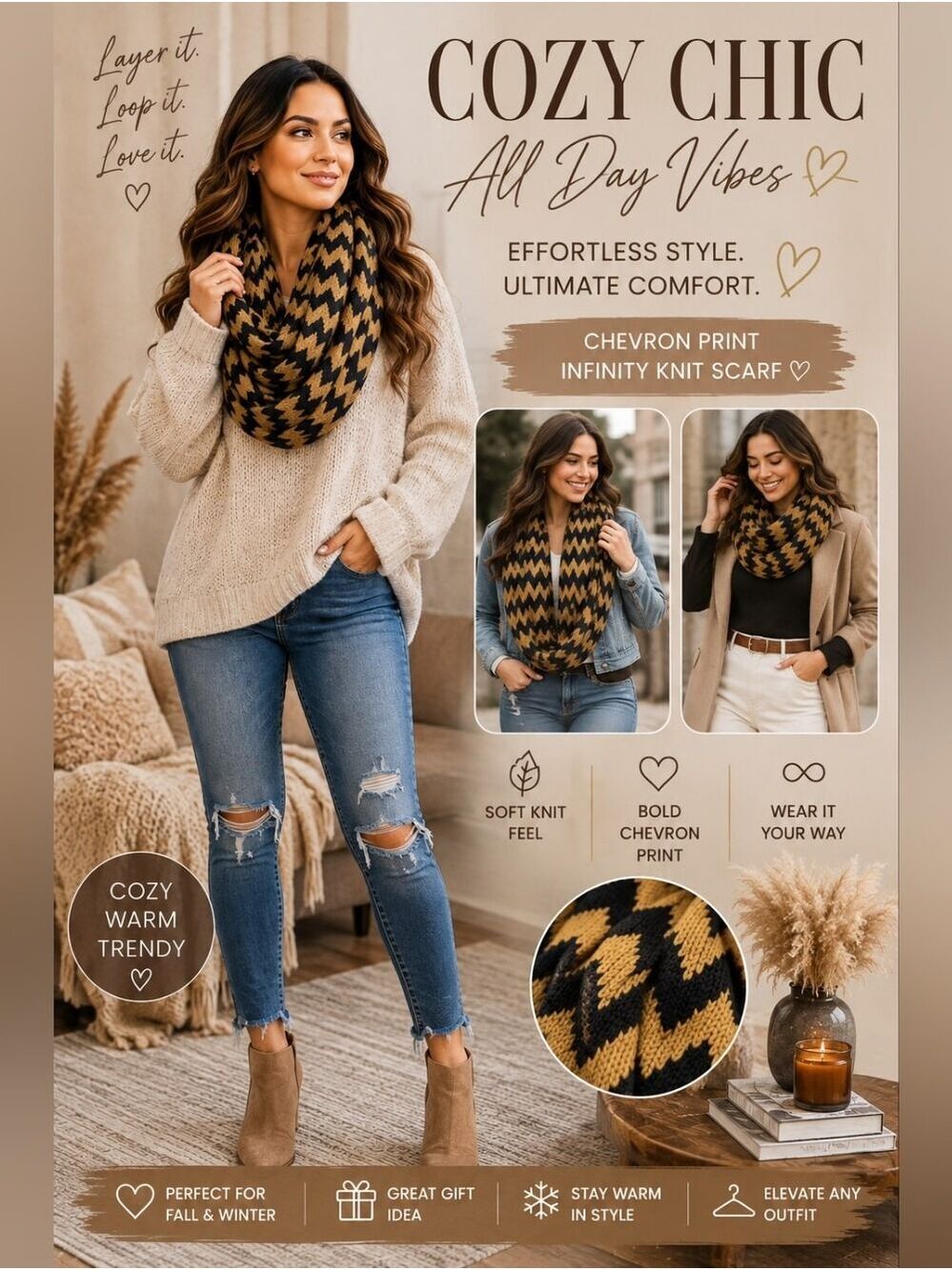 Chevron Print Infinity Knit Scarf | Brown & Black Donut Loop Scarf | NIB - Picture 2 of 7